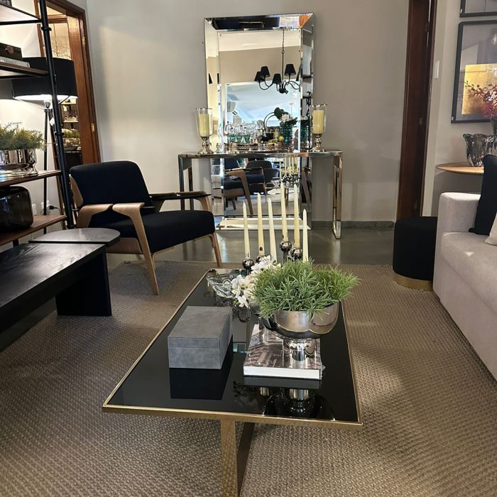 Mesa Centro Retangular Grace Golden Vidro Preto